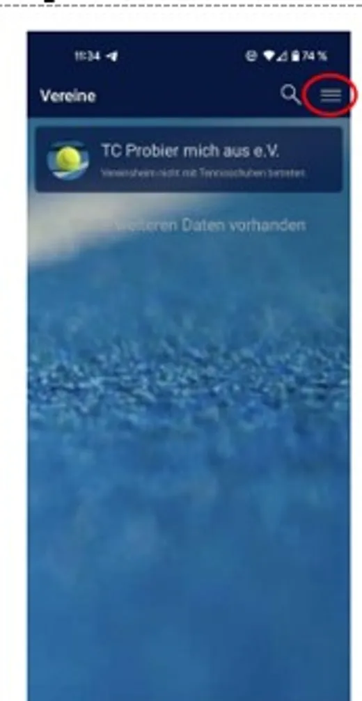 Court4u-App: Vereine-Ansicht mit markiertem Menü-Symbol