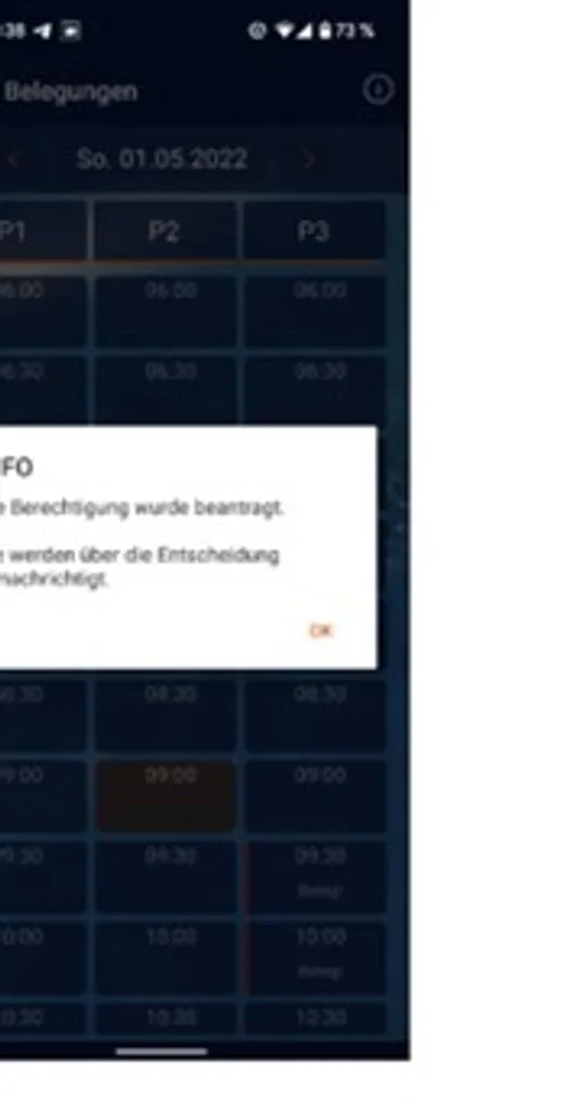 Court4u-App: Dialog INFO – Berechtigung wurde beantragt